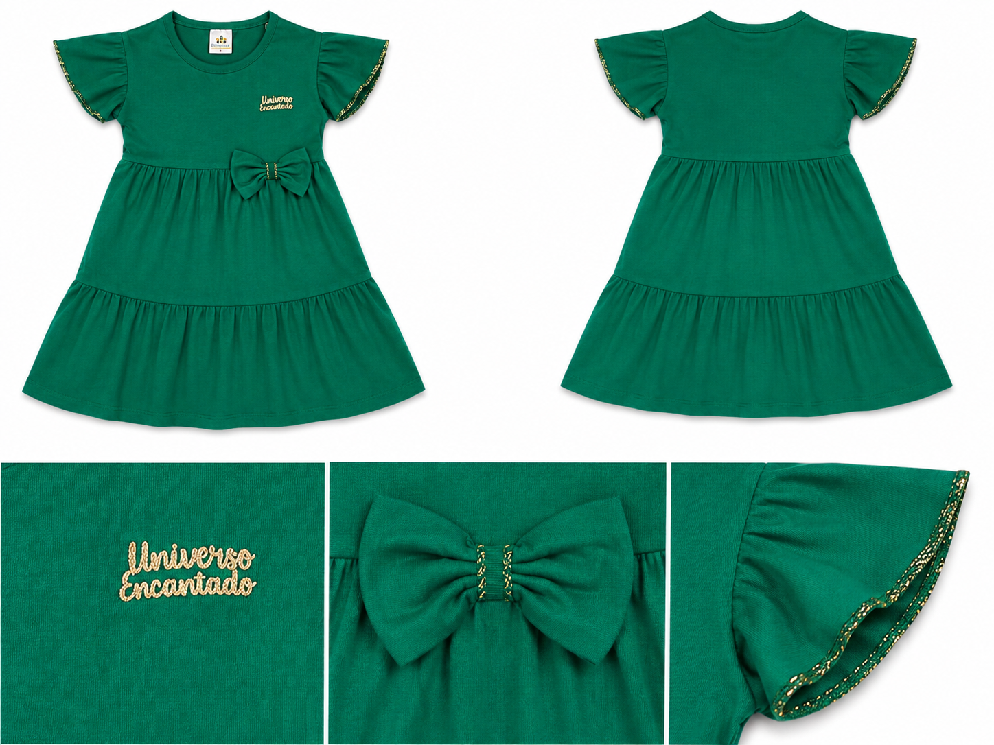 Vestido infantil com saia rodada e detalhes em dourado