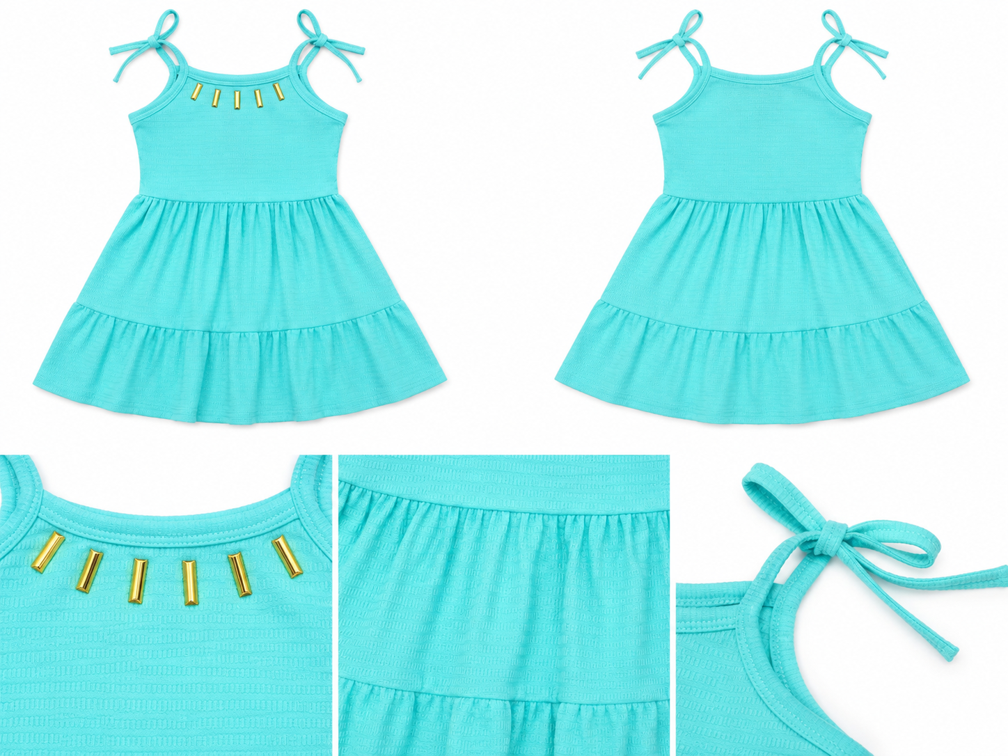 Vestido Infantil Menina Turquesa com Alças de Amarrar e Detalhes Dourados
