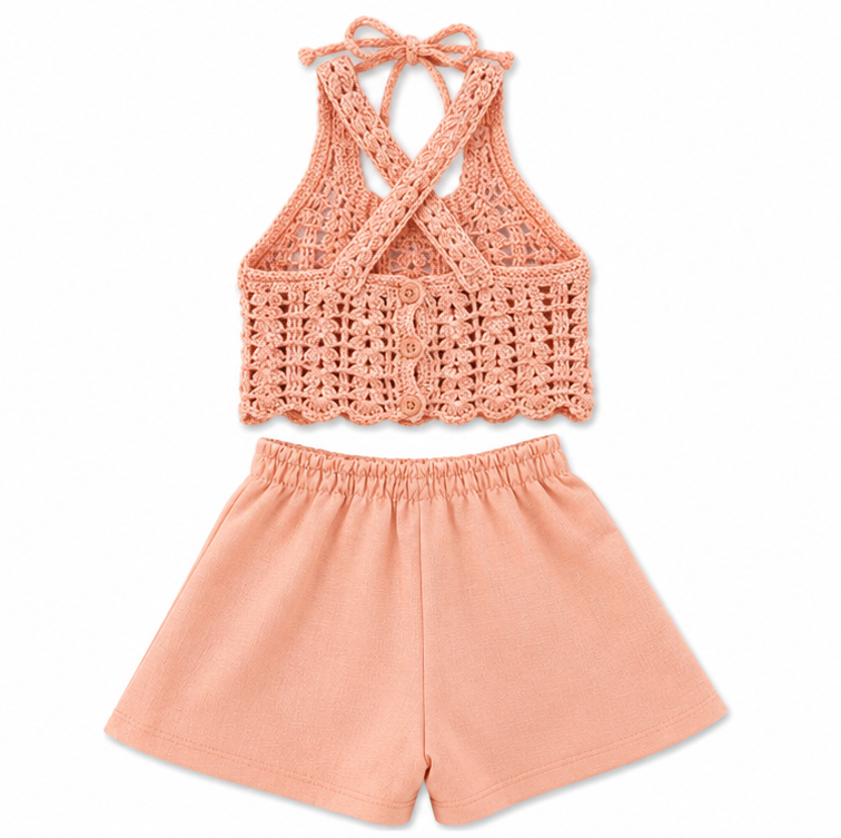 Conjunto Infantil Menina Crochê e Shorts Saia com Laços – Salmão - foto 3