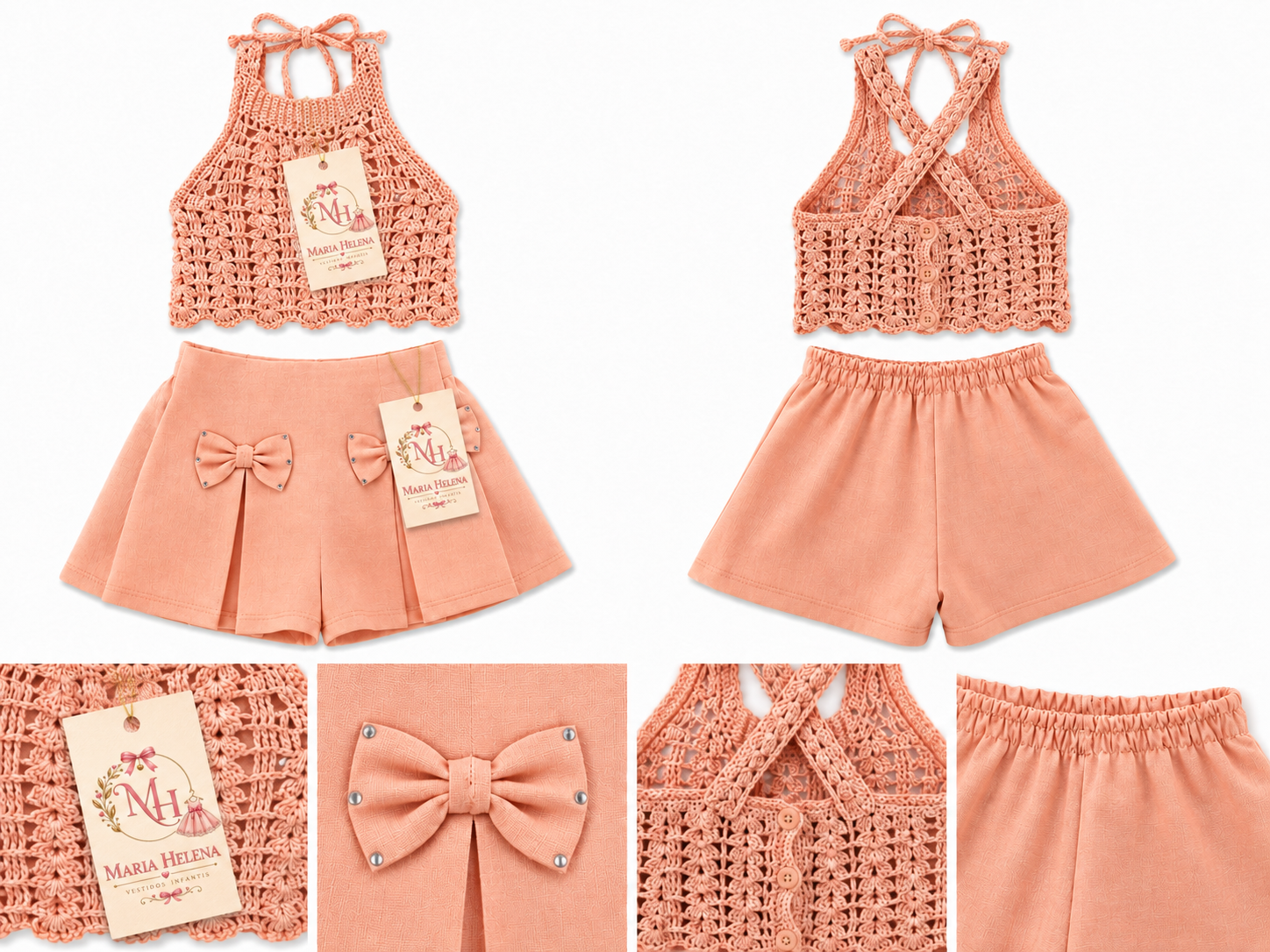 Conjunto Infantil Menina Crochê e Shorts Saia com Laços – Salmão