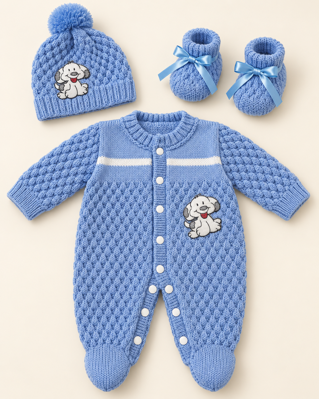 Kit Bebê Cachorrinho Azul em Tricô